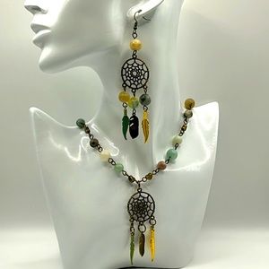 Handmade Feather Dream Catcher Necklace Set with Natural Amazonite Stones!